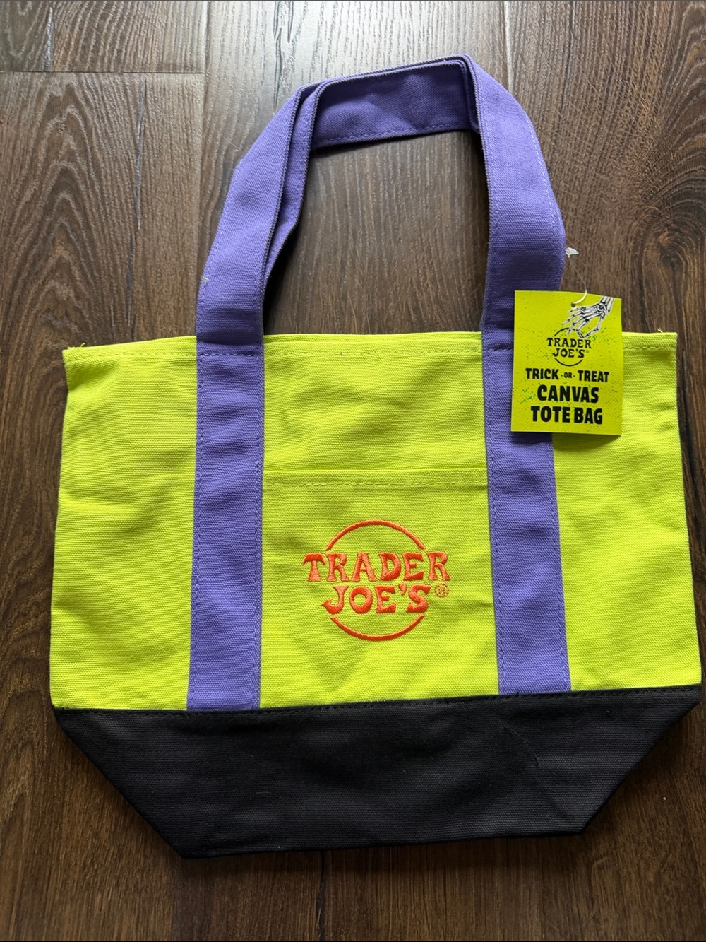 Trader Joe's Lime Green & Purple Canvas Tote Bag with Black Base